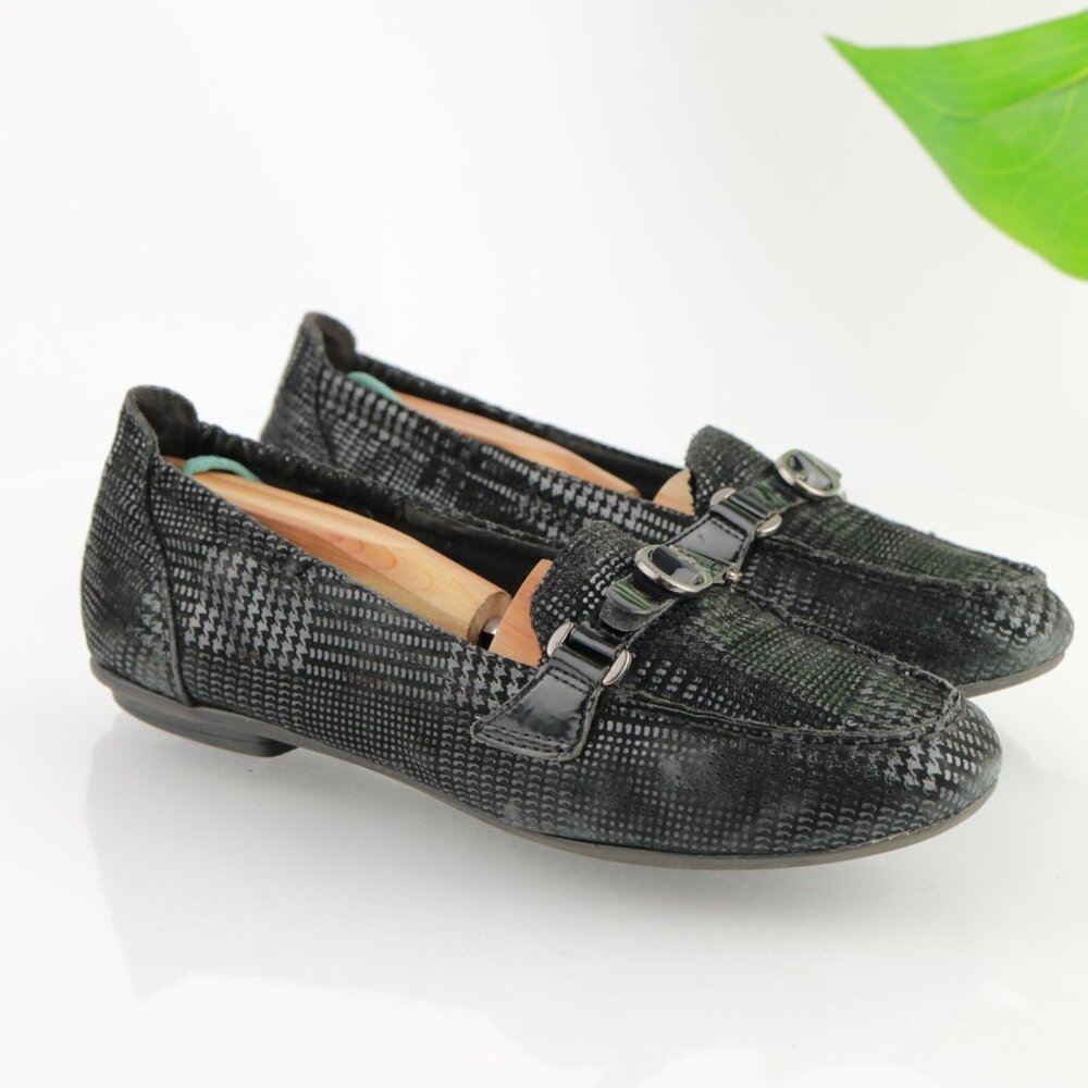 Earth Womens Scout Loafer Size 8 B Black Leather Houndstooth Slip On Flat Shoe